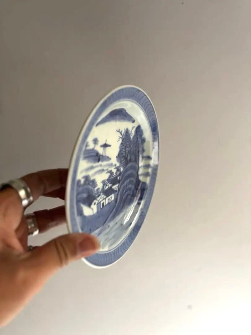 013 骨董 アンティーク 古伊万里 染付 山水図6寸皿 2枚組 江戸 幕末