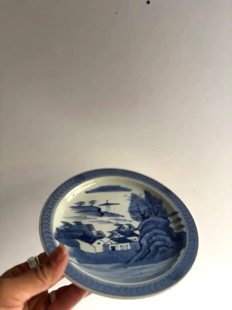 013 骨董 アンティーク 古伊万里 染付 山水図6寸皿 2枚組 江戸 幕末