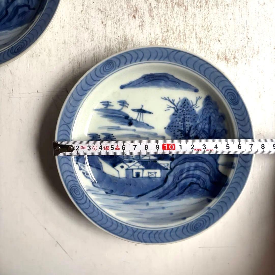 013 骨董 アンティーク 古伊万里 染付 山水図6寸皿 2枚組 江戸 幕末