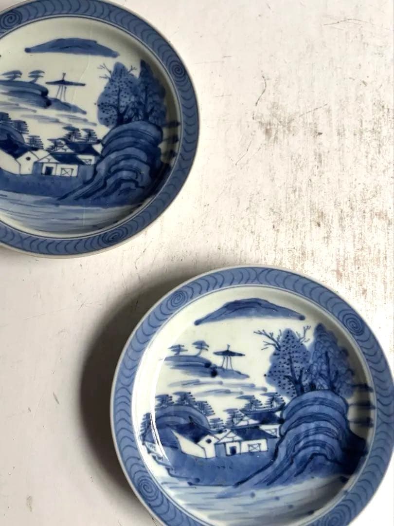 013 骨董 アンティーク 古伊万里 染付 山水図6寸皿 2枚組 江戸 幕末