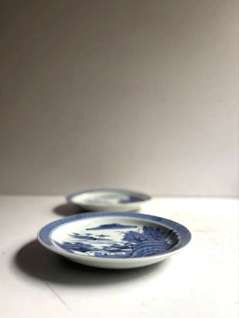013 骨董 アンティーク 古伊万里 染付 山水図6寸皿 2枚組 江戸 幕末
