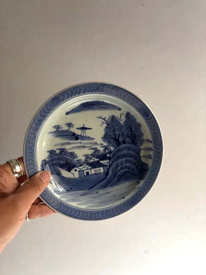 013 骨董 アンティーク 古伊万里 染付 山水図6寸皿 2枚組 江戸 幕末