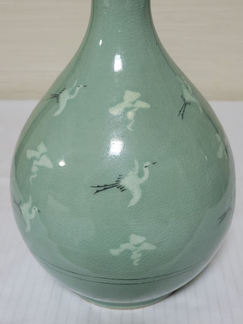 保管未使用品　高麗青磁　白光窯　恩峰　姜顕求 作（印）瓢箪型　花瓶