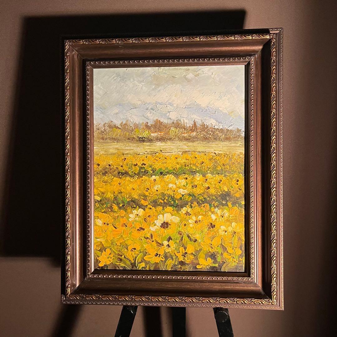 手書き油絵 コスモス畑 額付 肉筆絵画 インテリア 油彩画