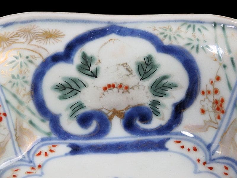 古伊万里　金襴手　窓絵　牡丹に獅子　松竹梅の図　四方角向付　B334AS-CVd