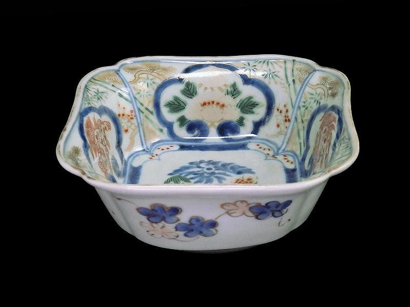 古伊万里　金襴手　窓絵　牡丹に獅子　松竹梅の図　四方角向付　B334AS-CVd