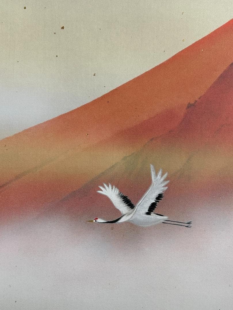 佐藤純吉「赤富士飛鶴」紙本 肉筆 掛軸 共箱 日本画 39