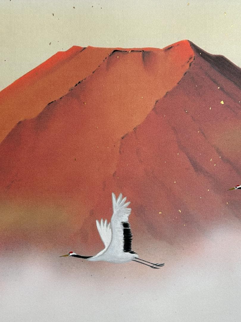 佐藤純吉「赤富士飛鶴」紙本 肉筆 掛軸 共箱 日本画 39