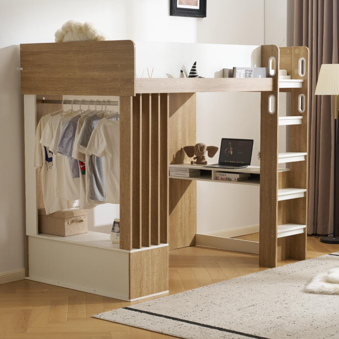 2か月新作・システムベッド　ハンガーボール付き　一人暮らし　木製WHITE