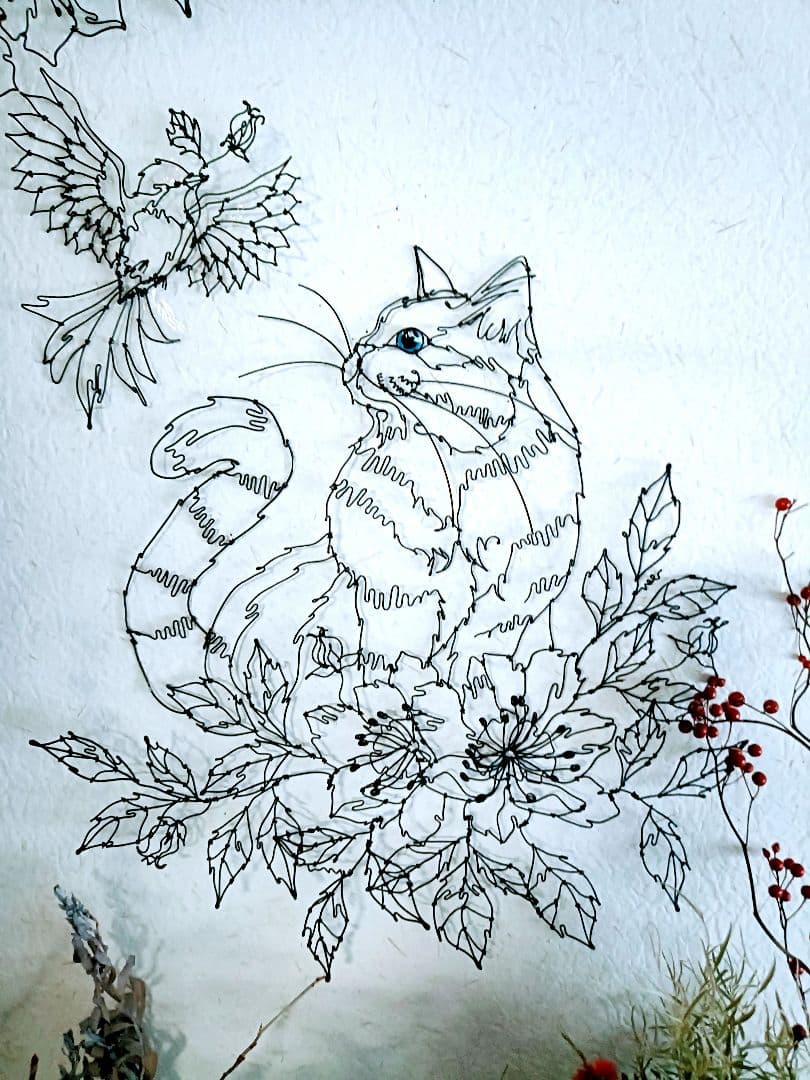 お値下げ中　猫　小鳥　花 ワイヤークラフト　アート　壁掛け