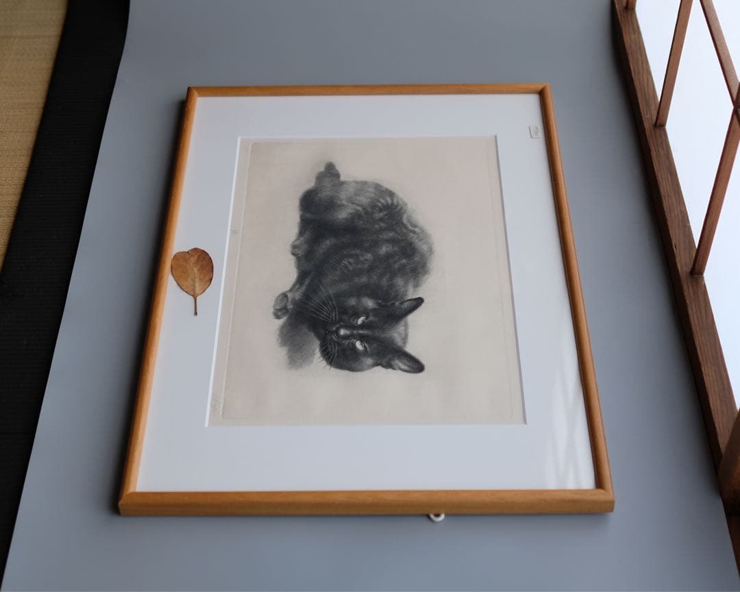 黒猫 モノクロ 版画 額装 アート インテリア ヴィンテージ