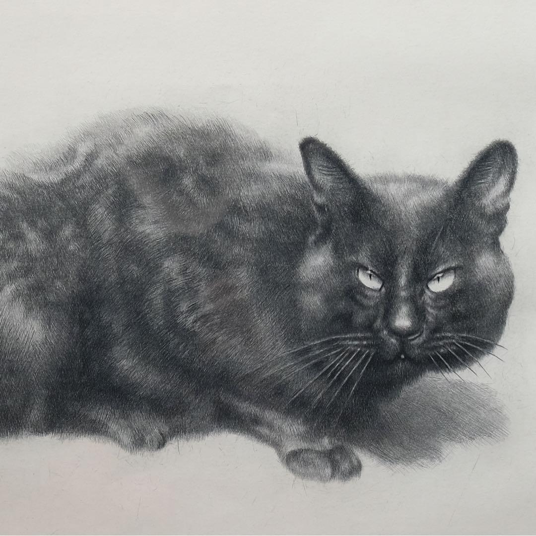 黒猫 モノクロ 版画 額装 アート インテリア ヴィンテージ