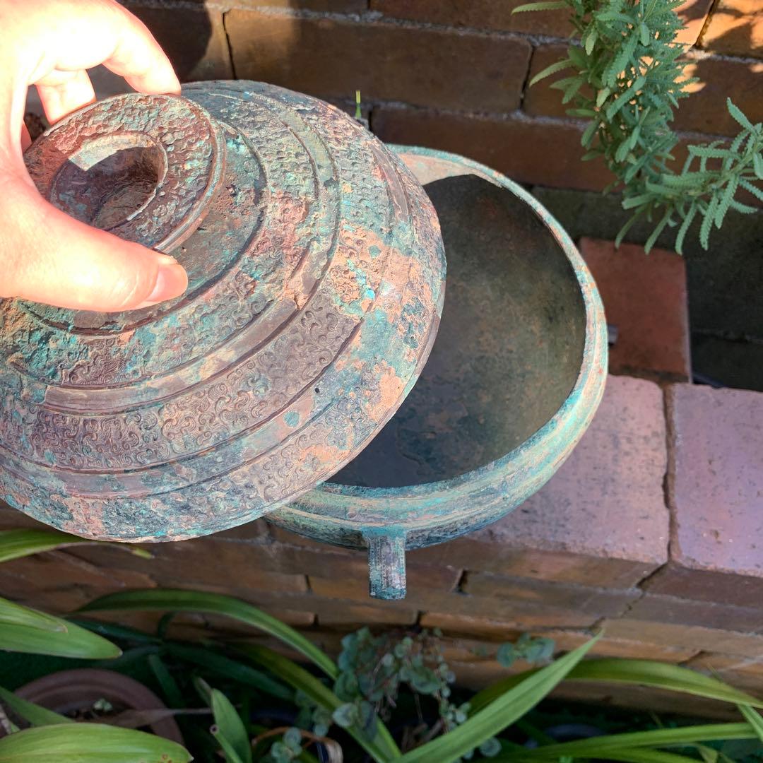 青銅器 春秋戦国時代 食器 蓋付き 青銅蟠螭紋豆 骨董品 中国 古美術