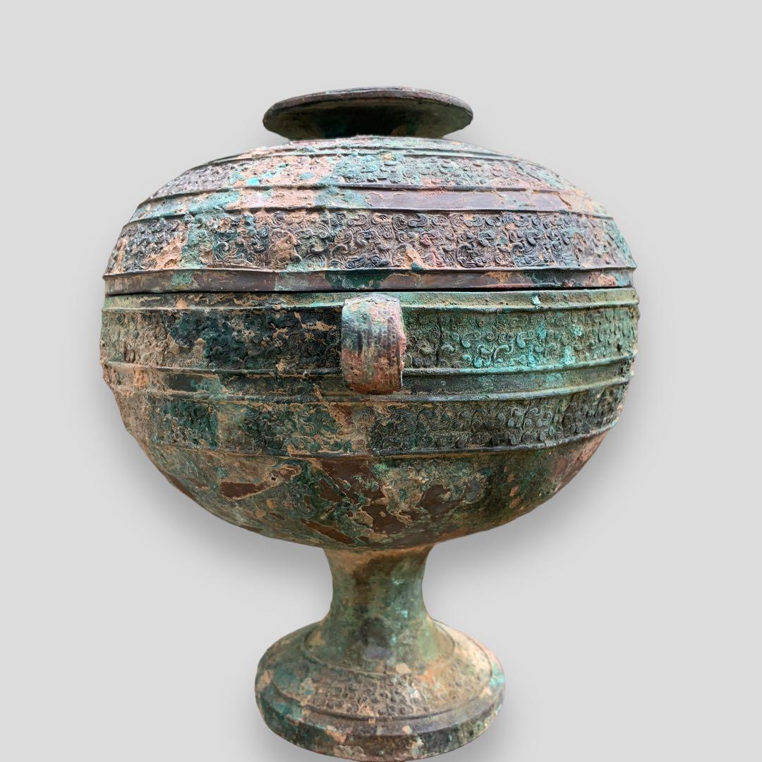 青銅器 春秋戦国時代 食器 蓋付き 青銅蟠螭紋豆 骨董品 中国 古美術