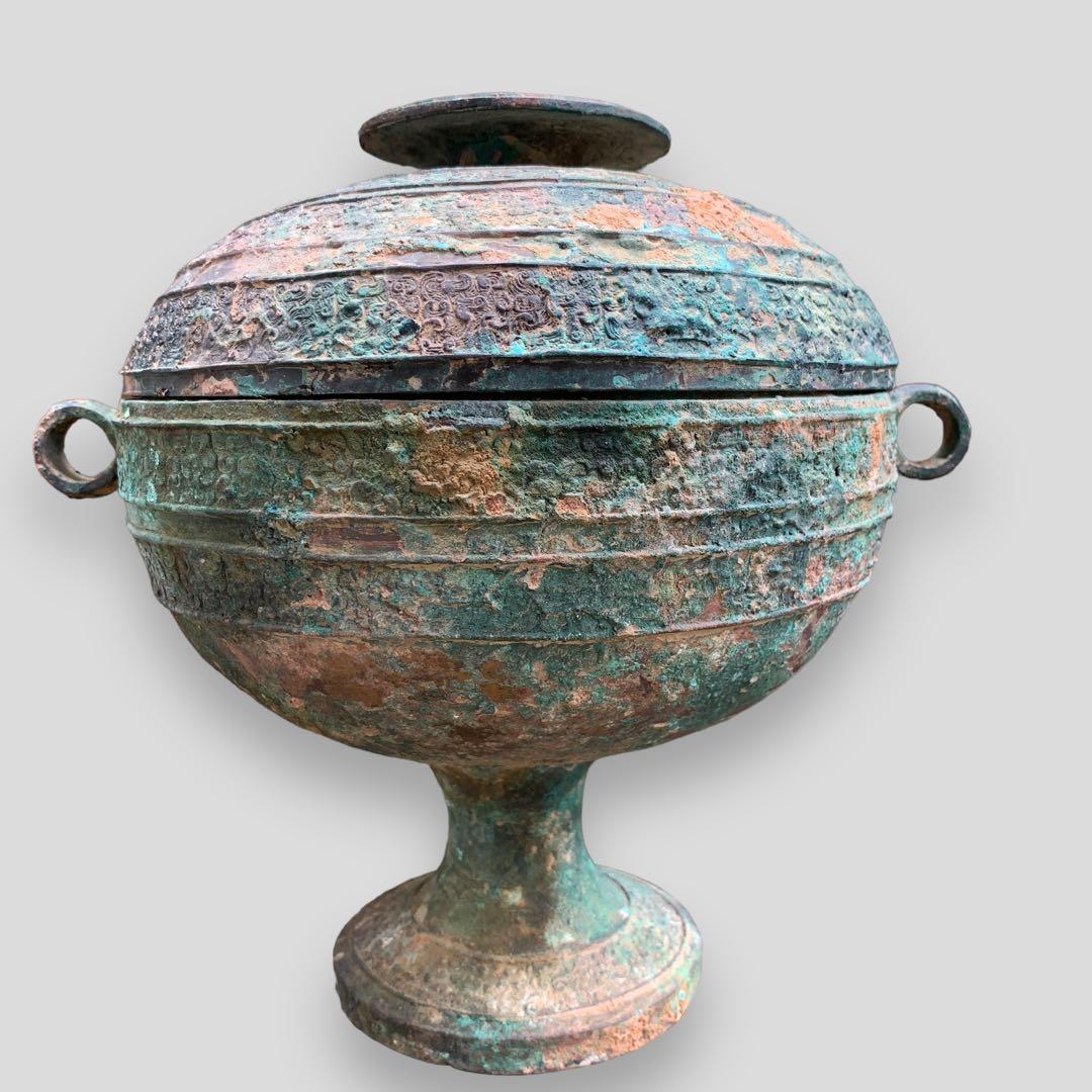 青銅器 春秋戦国時代 食器 蓋付き 青銅蟠螭紋豆 骨董品 中国 古美術