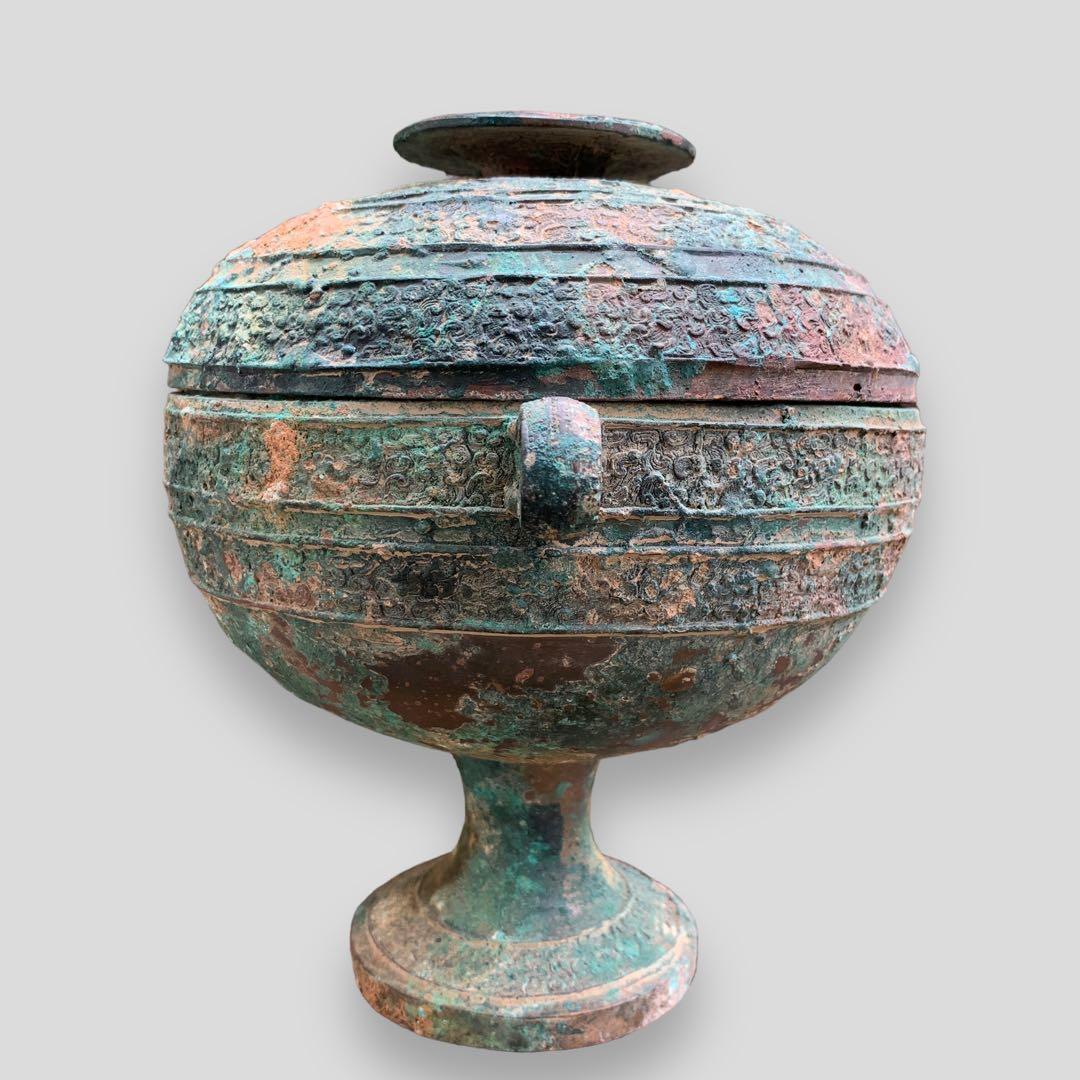 青銅器 春秋戦国時代 食器 蓋付き 青銅蟠螭紋豆 骨董品 中国 古美術