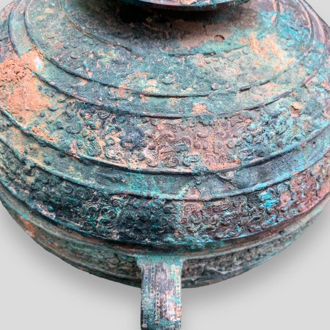 青銅器 春秋戦国時代 食器 蓋付き 青銅蟠螭紋豆 骨董品 中国 古美術