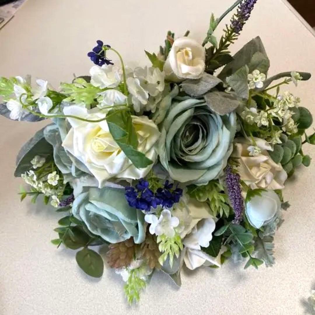 ウェディングブーケ　ブーケ　ブートニア　シルバーブルーホワイト　結婚式