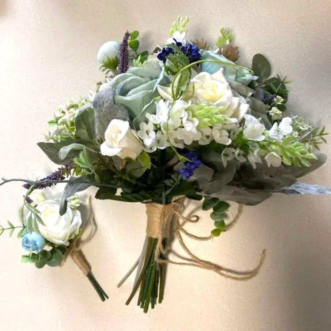 ウェディングブーケ　ブーケ　ブートニア　シルバーブルーホワイト　結婚式