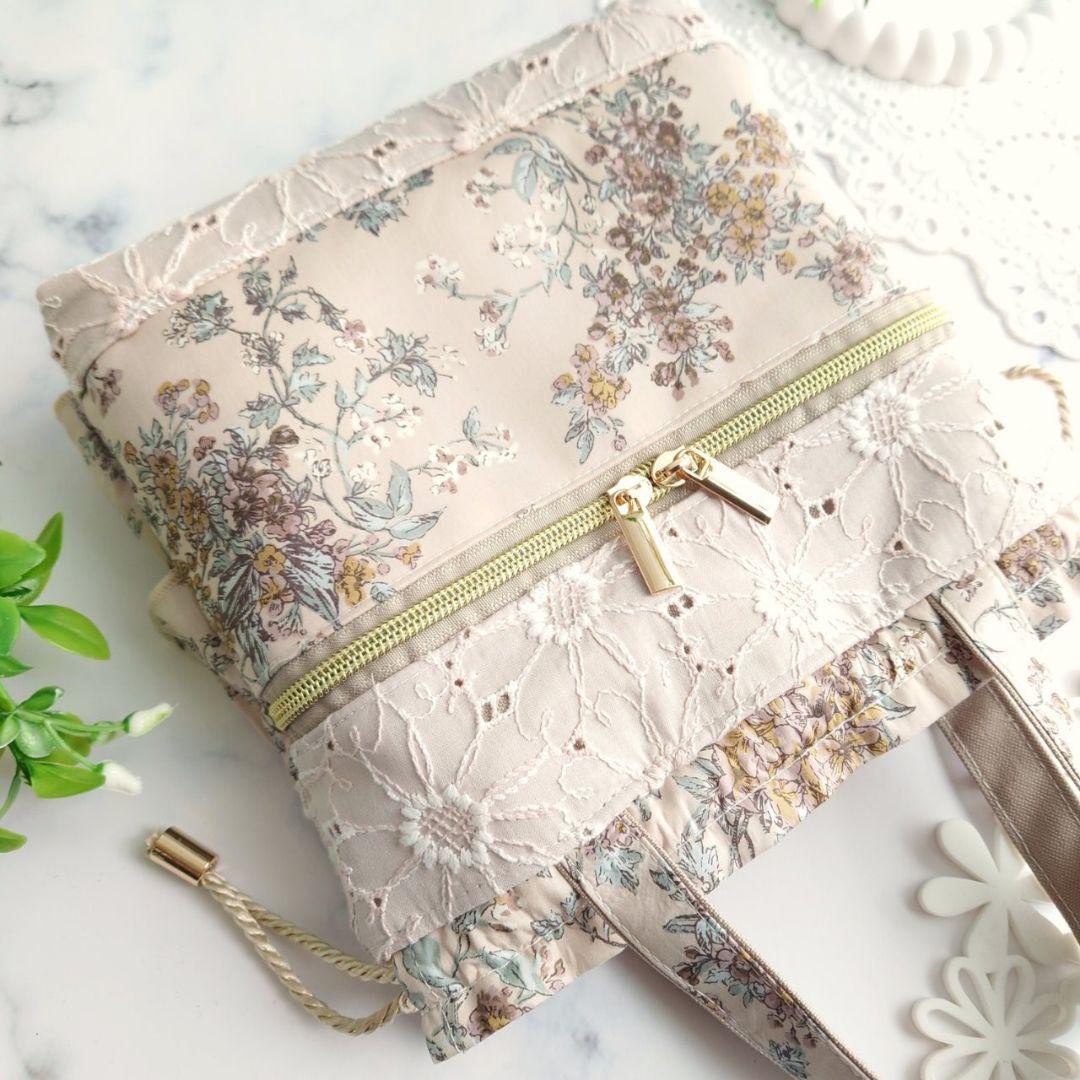 ウォールナッツ×マーガレット刺繍 ダブルフリル巾着バッグ☆