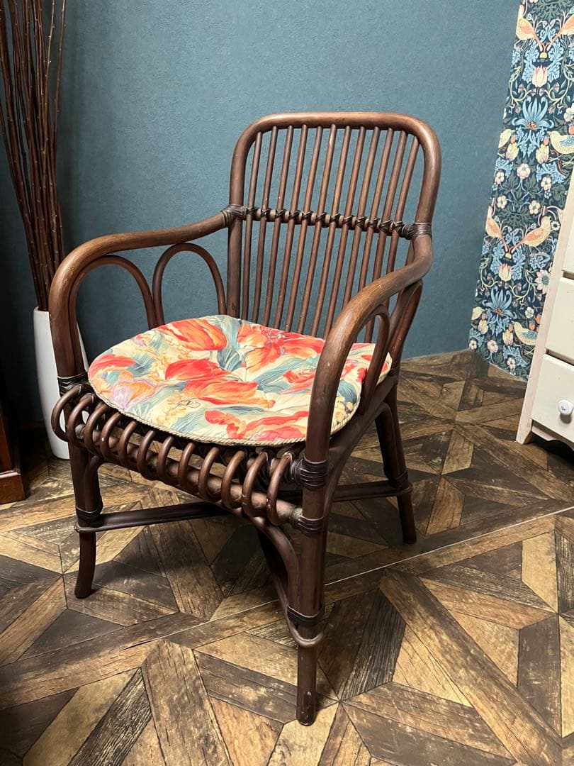 アームチェア 椅子 ① ラタン 籐 インテリア 昭和レトロ 当時物 花柄