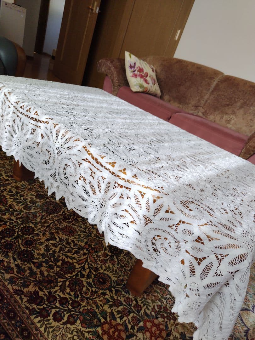 花柄レーステーブルクロス ホワイト ハンドメイド　ビンテージ