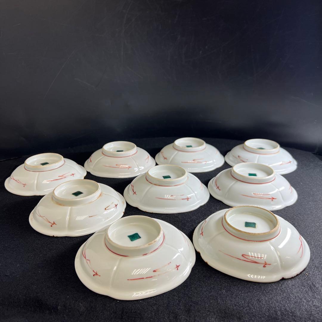 江戸後期　九谷焼　五彩花蝶図中皿9枚 幅約14㎝　東Y8-0218☆2F