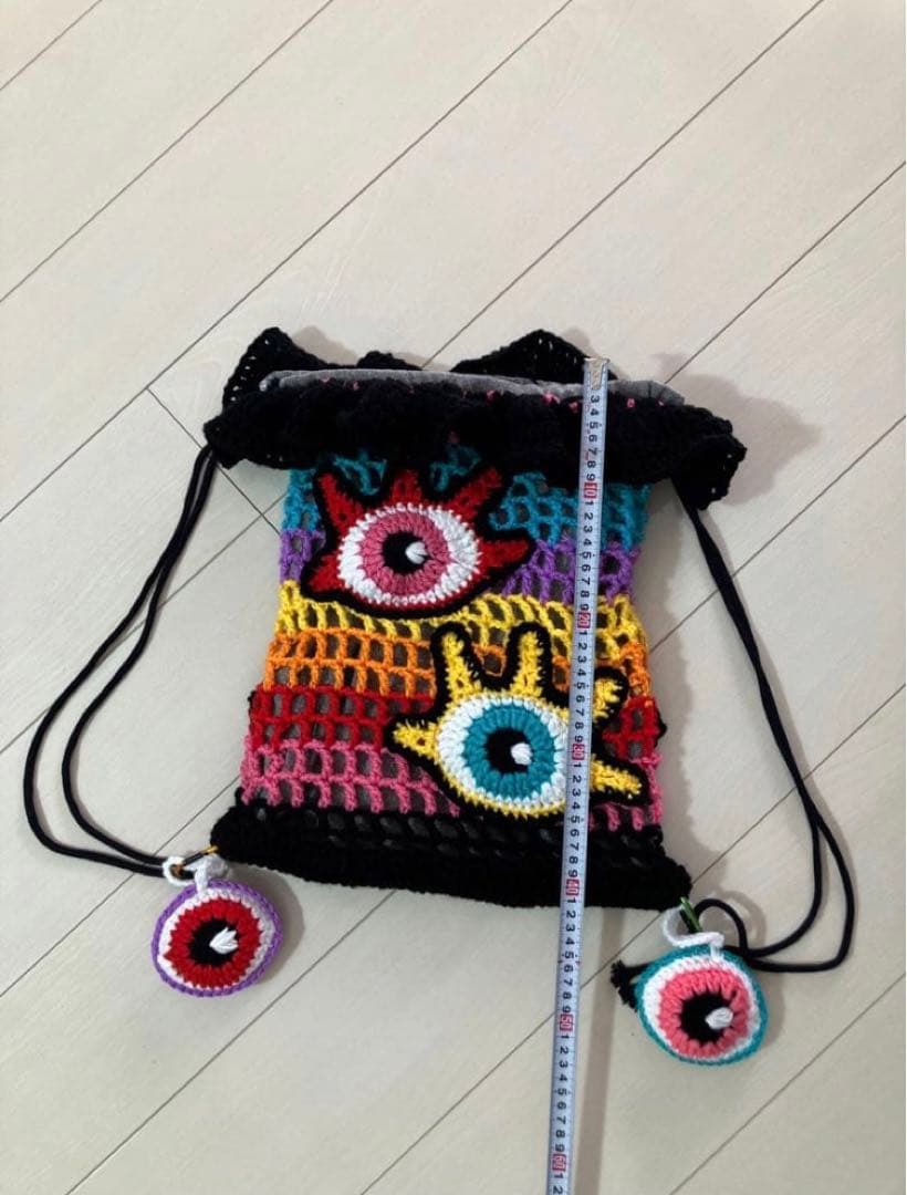 猫耳帽子　リュック　一点もの　　ナップサック　サイケ　ヒッピー　手編み☺︎