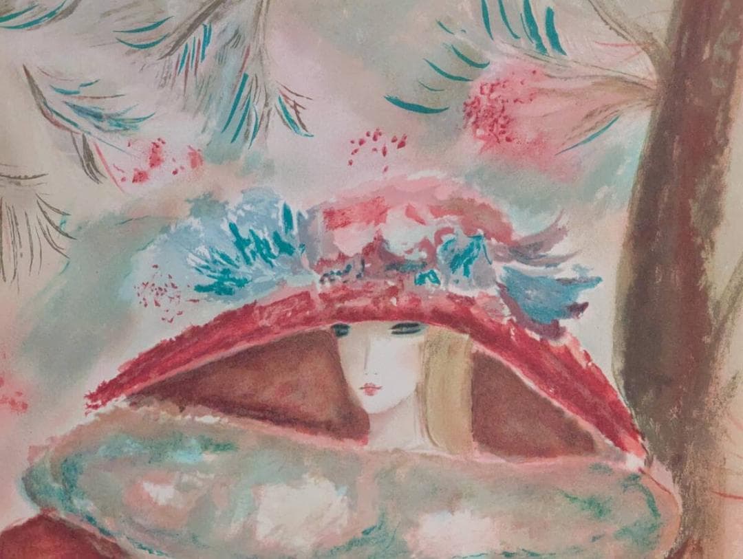 【真作】版画　クレール・アステックス　リトグラフ　赤い帽子のレディ　Z161