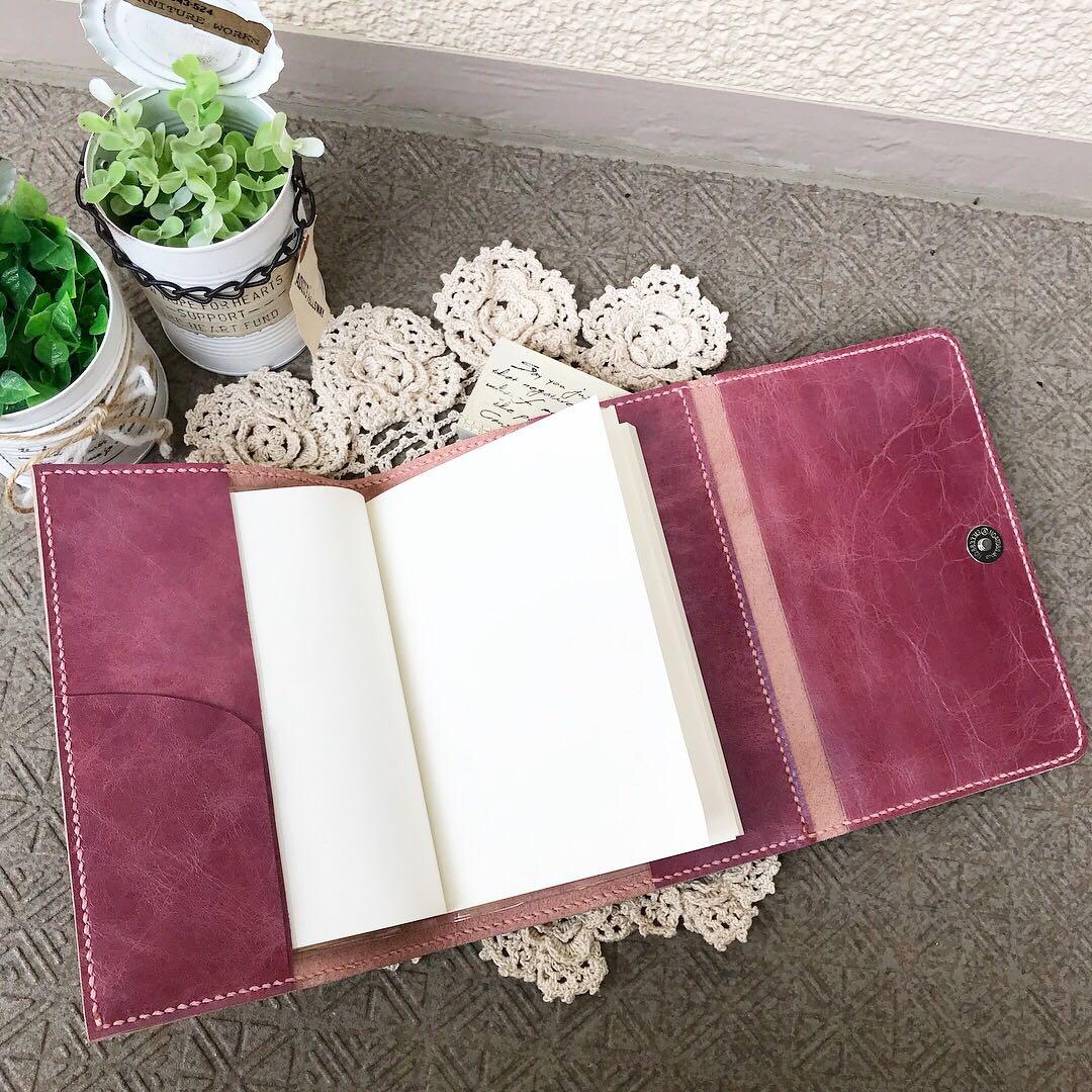 牛革 ワインピンク B6 手帳カバー 封筒型 ペンケース 付 本革 フルカバー