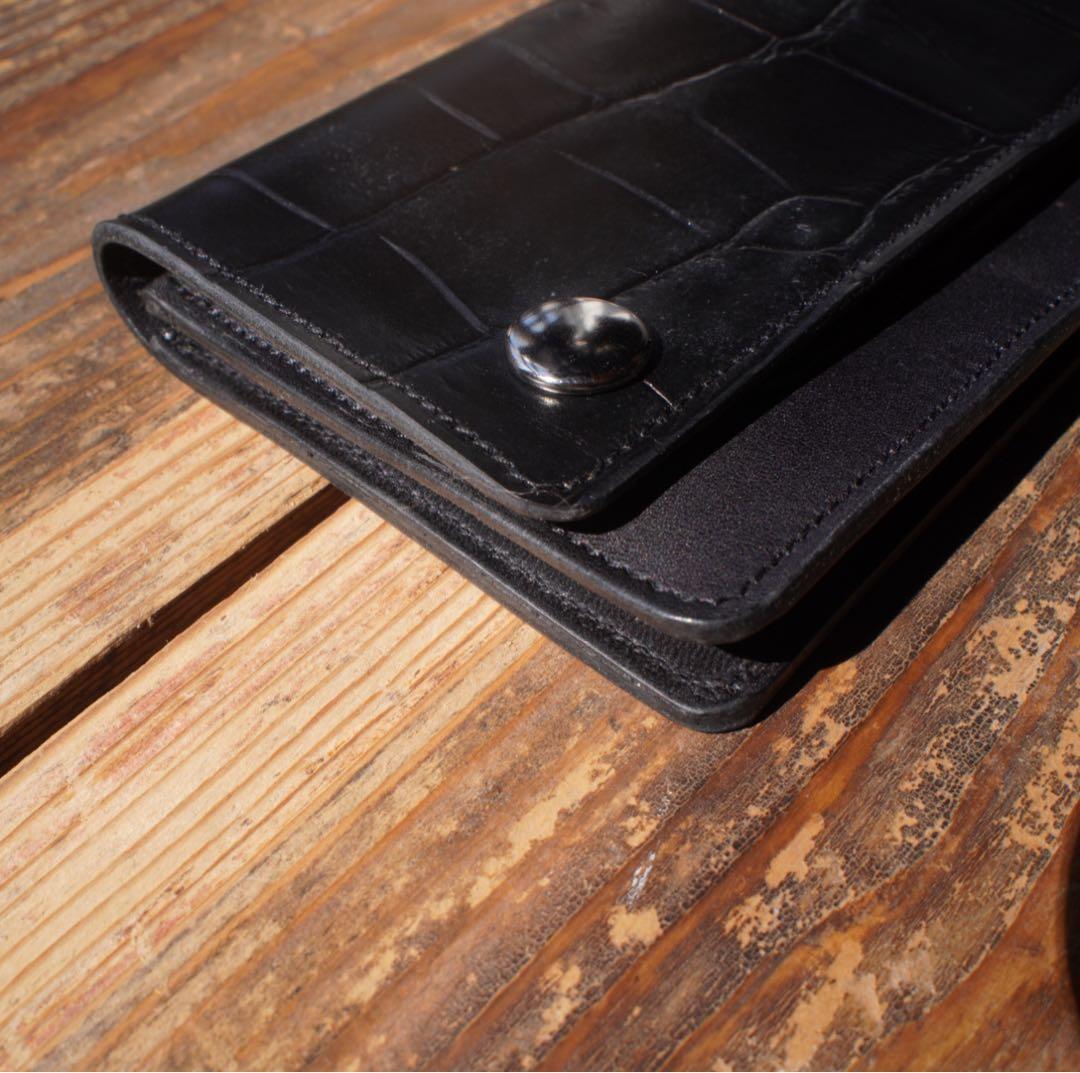 【即納品】トラッカーウォレット ミドル 栃木レザー 2層 シルバー　ハンドメイド