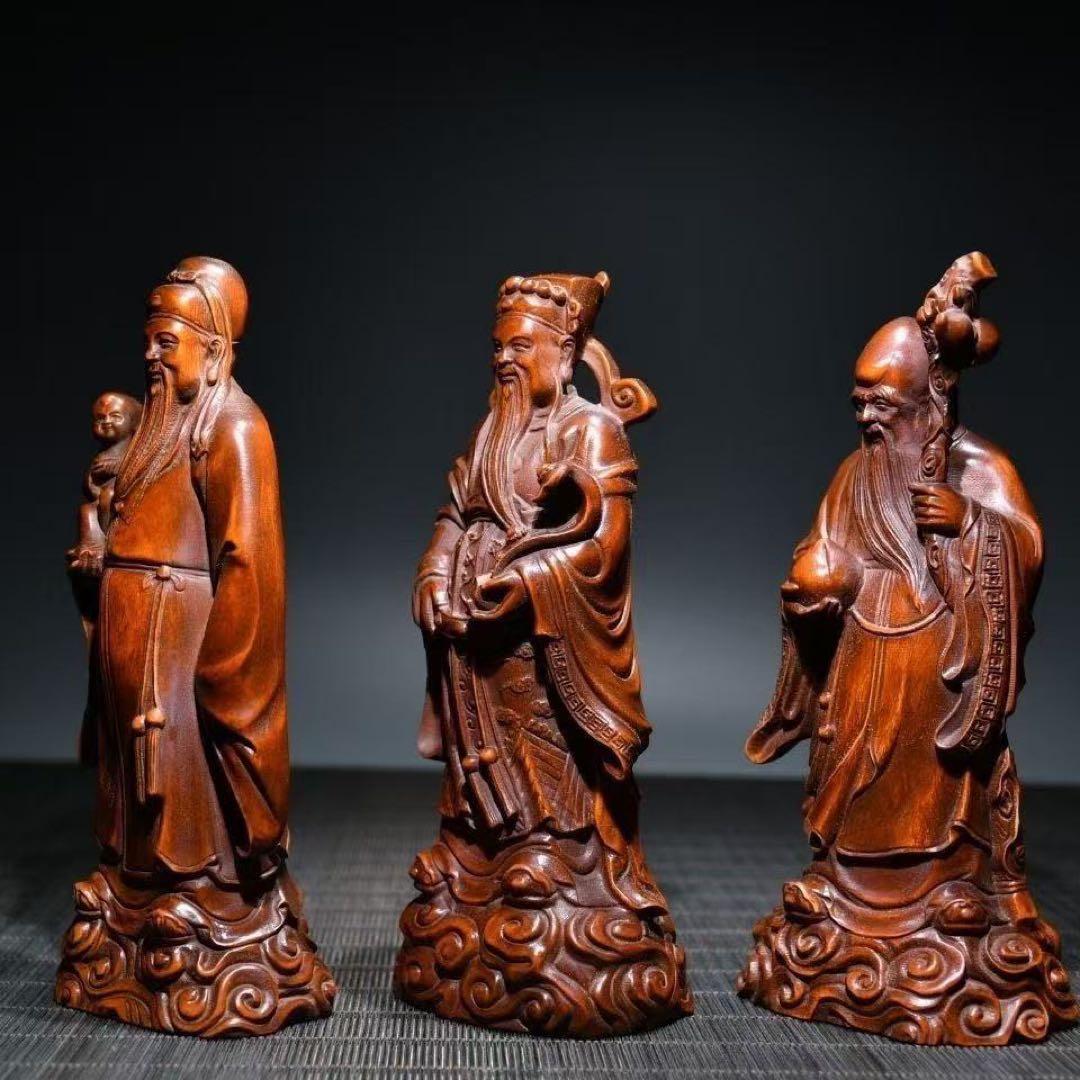 福禄寿 財神 三神セット 木彫風置物 招財進宝 金運アップ 長寿祈願 商売繁盛