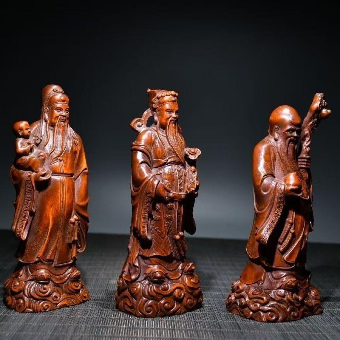 福禄寿 財神 三神セット 木彫風置物 招財進宝 金運アップ 長寿祈願 商売繁盛