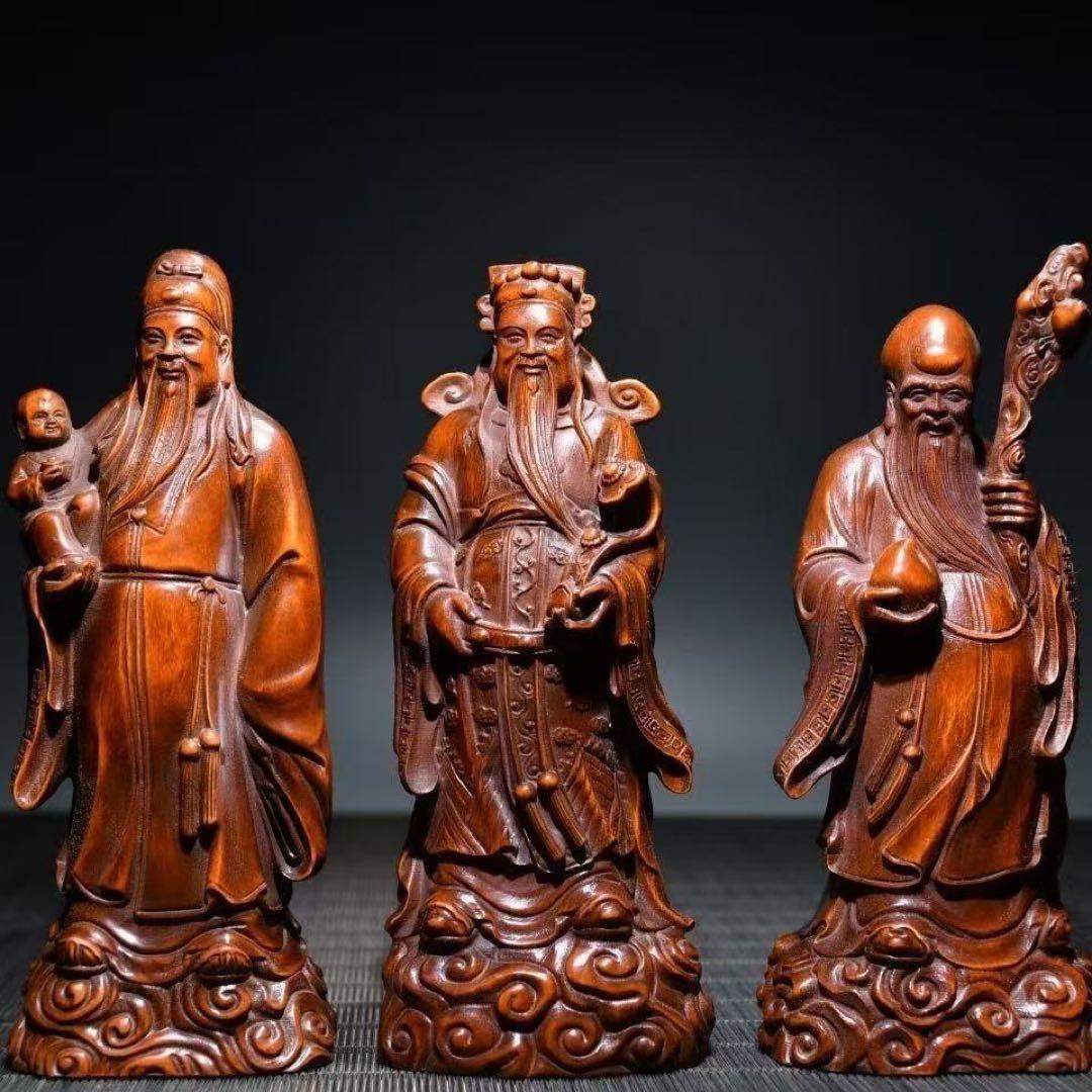 福禄寿 財神 三神セット 木彫風置物 招財進宝 金運アップ 長寿祈願 商売繁盛