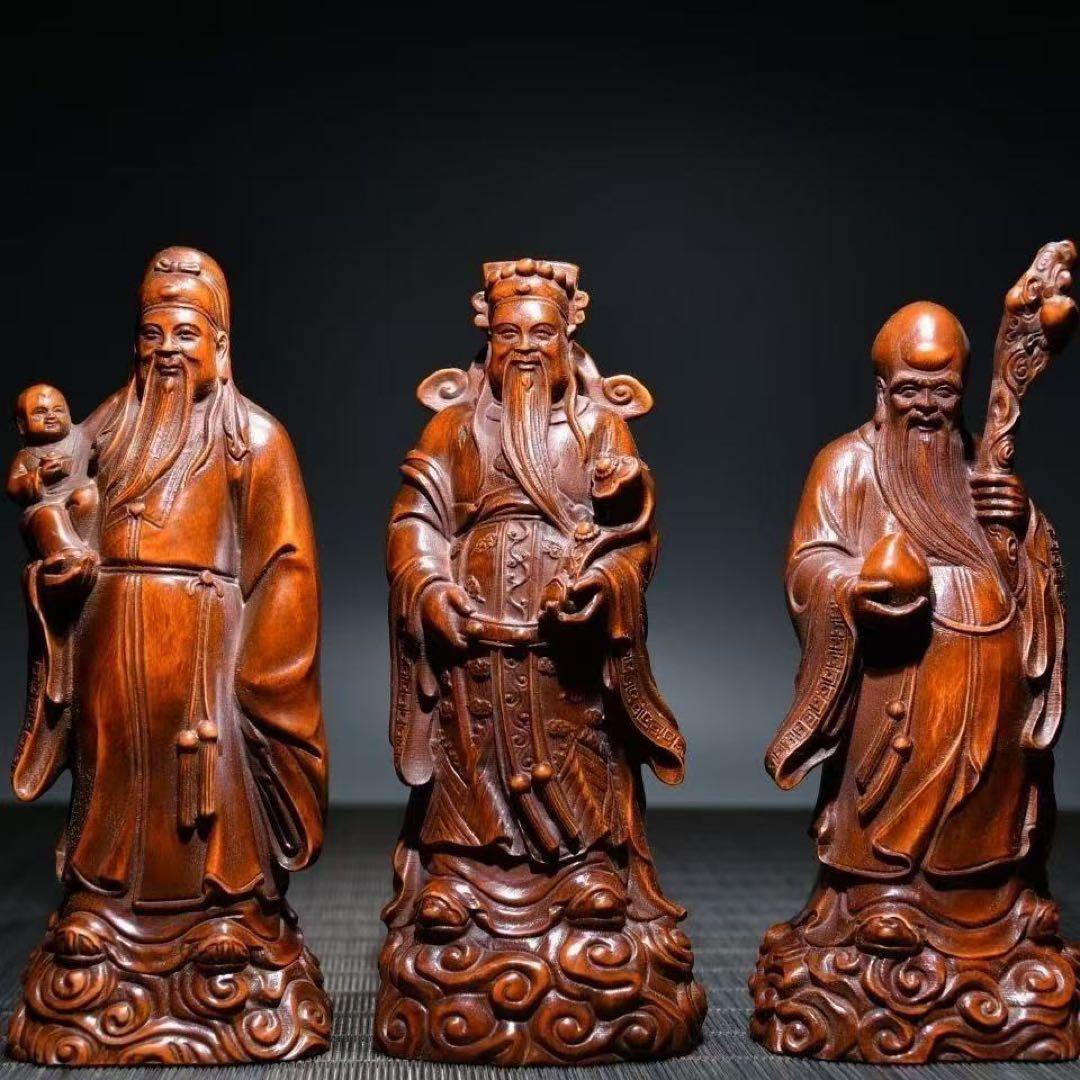福禄寿 財神 三神セット 木彫風置物 招財進宝 金運アップ 長寿祈願 商売繁盛