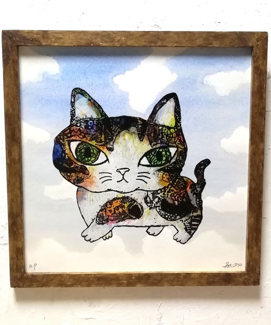 額付き銅版画応用絵画　title「お通り猫　in sky」