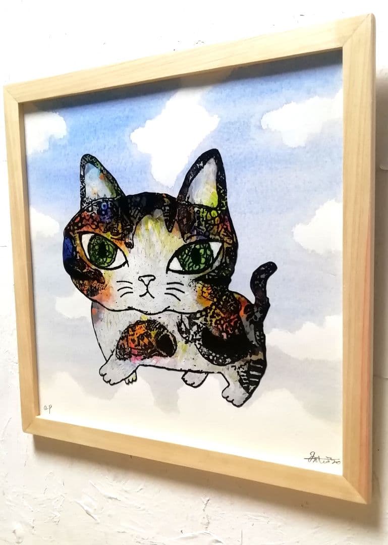 額付き銅版画応用絵画　title「お通り猫　in sky」