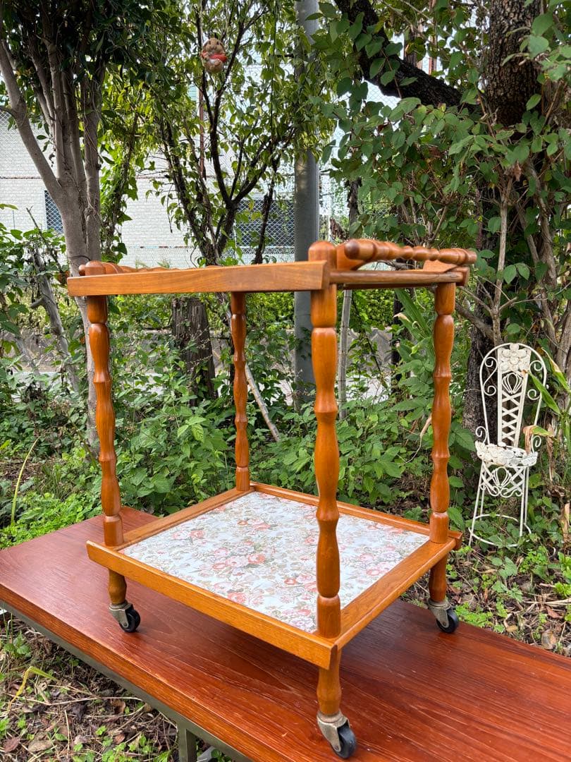 60〜70s 木製 2段式キッチンワゴン トローリーワゴン　花柄 昭和レトロ