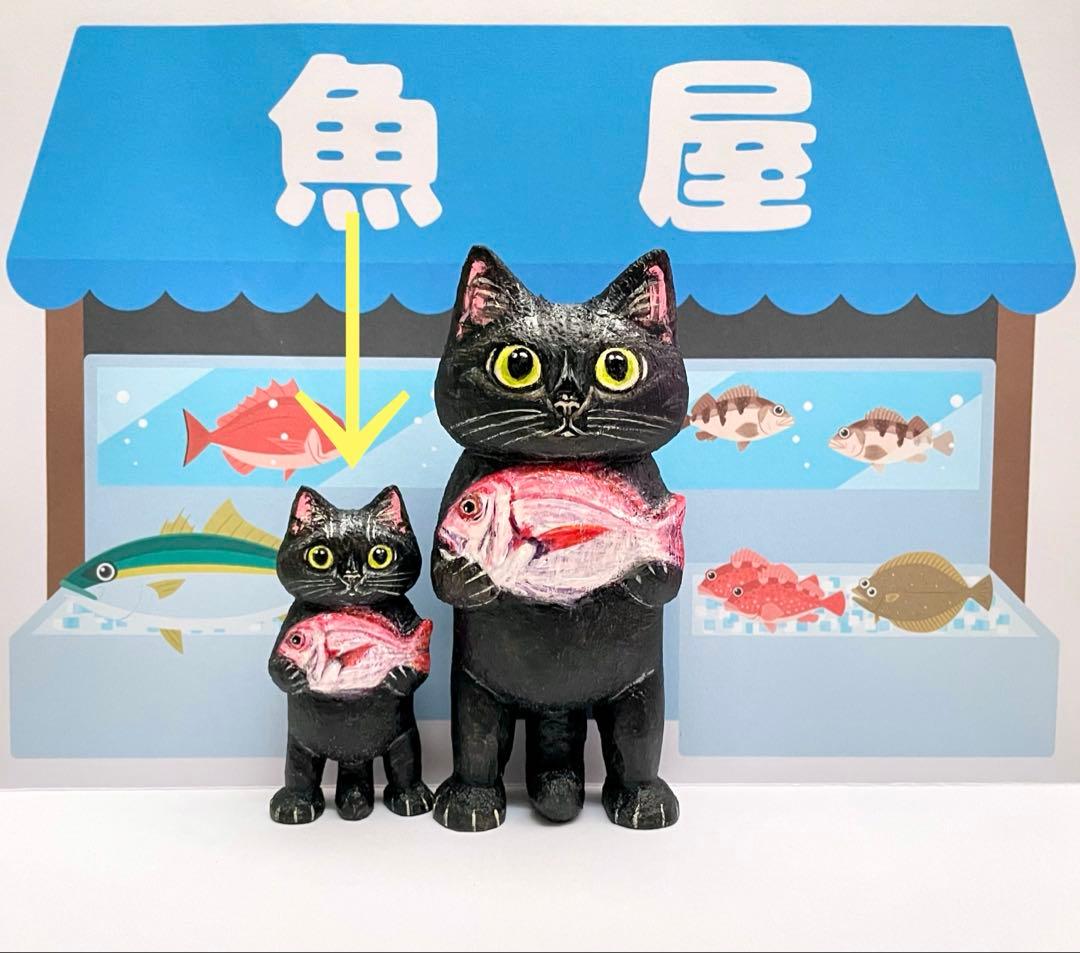 【専用】きぼりペンダント　可愛い魚屋やさん鯛 黒猫　おきはいOK 灰猫 焦茶猫