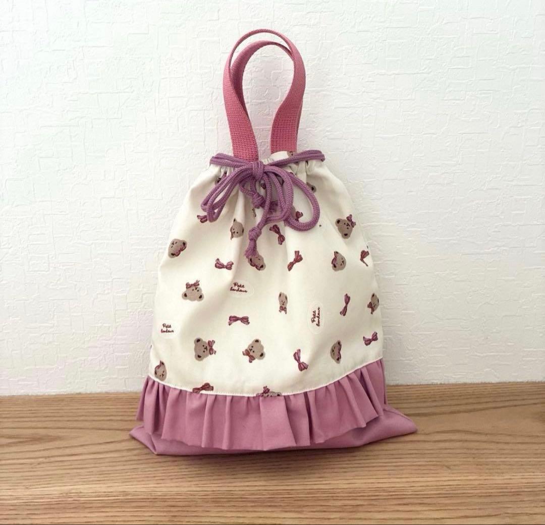 1322 レッスンバッグ　上履き入れ　体操服袋　ピンク　リボン　花　ハンドメイド