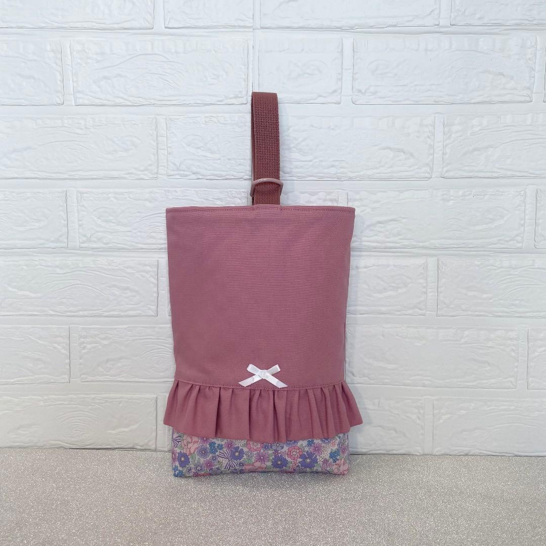 1322 レッスンバッグ　上履き入れ　体操服袋　ピンク　リボン　花　ハンドメイド