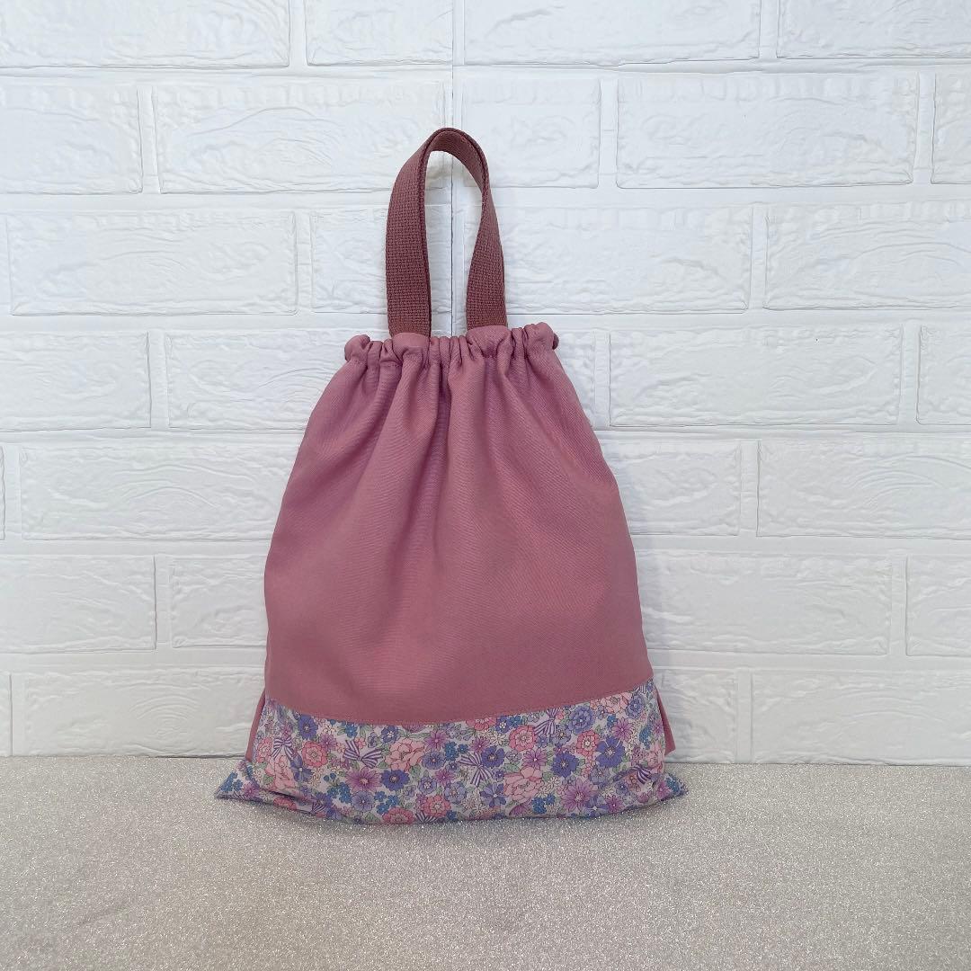 1322 レッスンバッグ　上履き入れ　体操服袋　ピンク　リボン　花　ハンドメイド