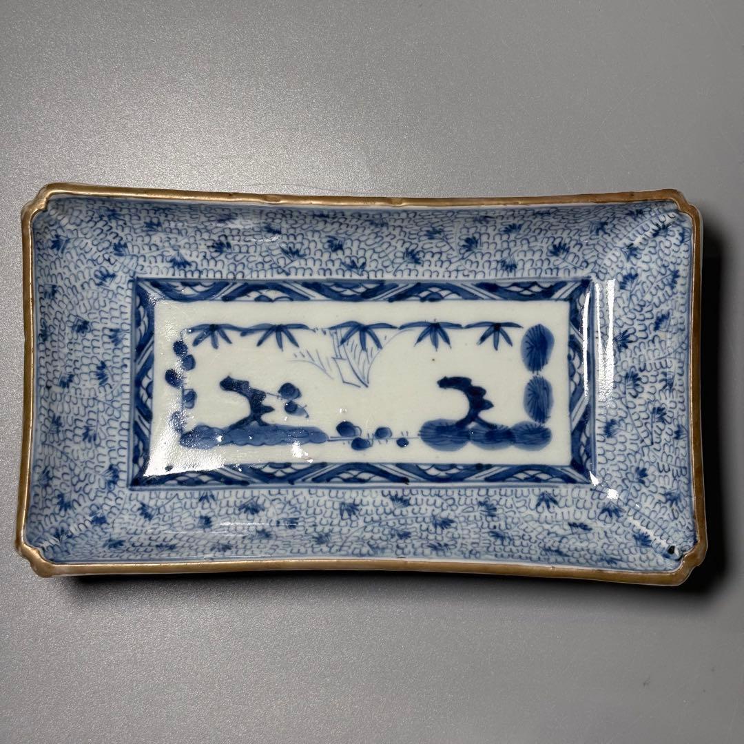 幕末〜明治期　染付微塵唐草文長皿　五枚　太明成化年製　状態◎　古陶を楽しむ