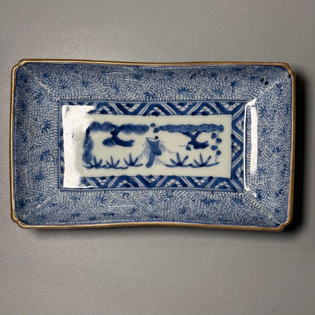 幕末〜明治期　染付微塵唐草文長皿　五枚　太明成化年製　状態◎　古陶を楽しむ