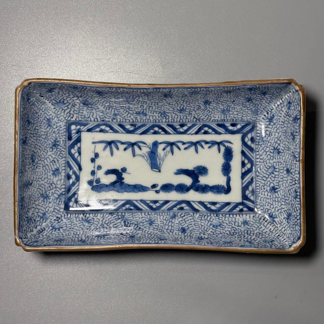 幕末〜明治期　染付微塵唐草文長皿　五枚　太明成化年製　状態◎　古陶を楽しむ