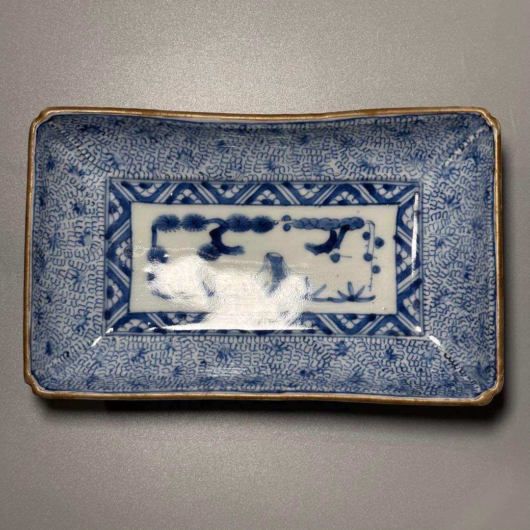 幕末〜明治期　染付微塵唐草文長皿　五枚　太明成化年製　状態◎　古陶を楽しむ