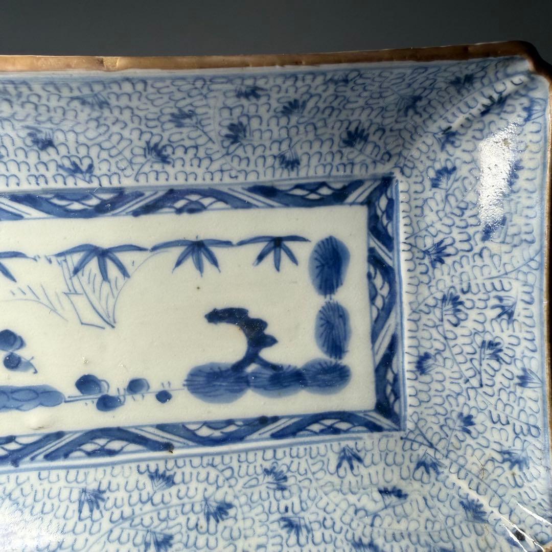 幕末〜明治期　染付微塵唐草文長皿　五枚　太明成化年製　状態◎　古陶を楽しむ