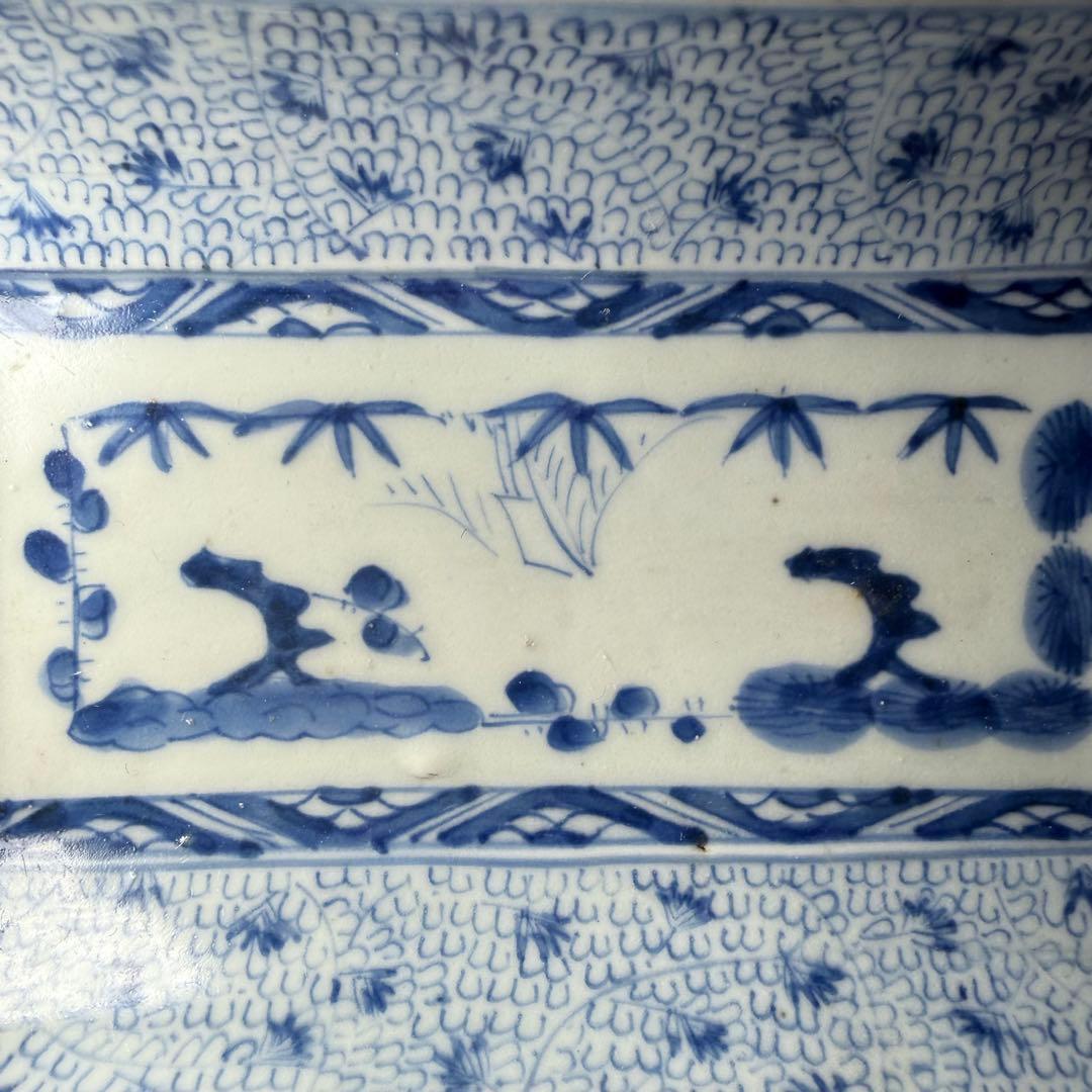 幕末〜明治期　染付微塵唐草文長皿　五枚　太明成化年製　状態◎　古陶を楽しむ