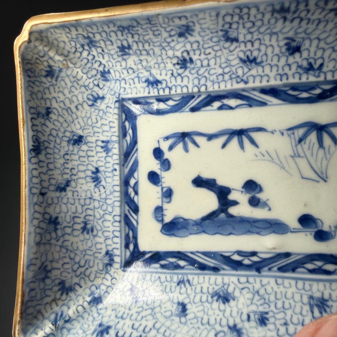 幕末〜明治期　染付微塵唐草文長皿　五枚　太明成化年製　状態◎　古陶を楽しむ