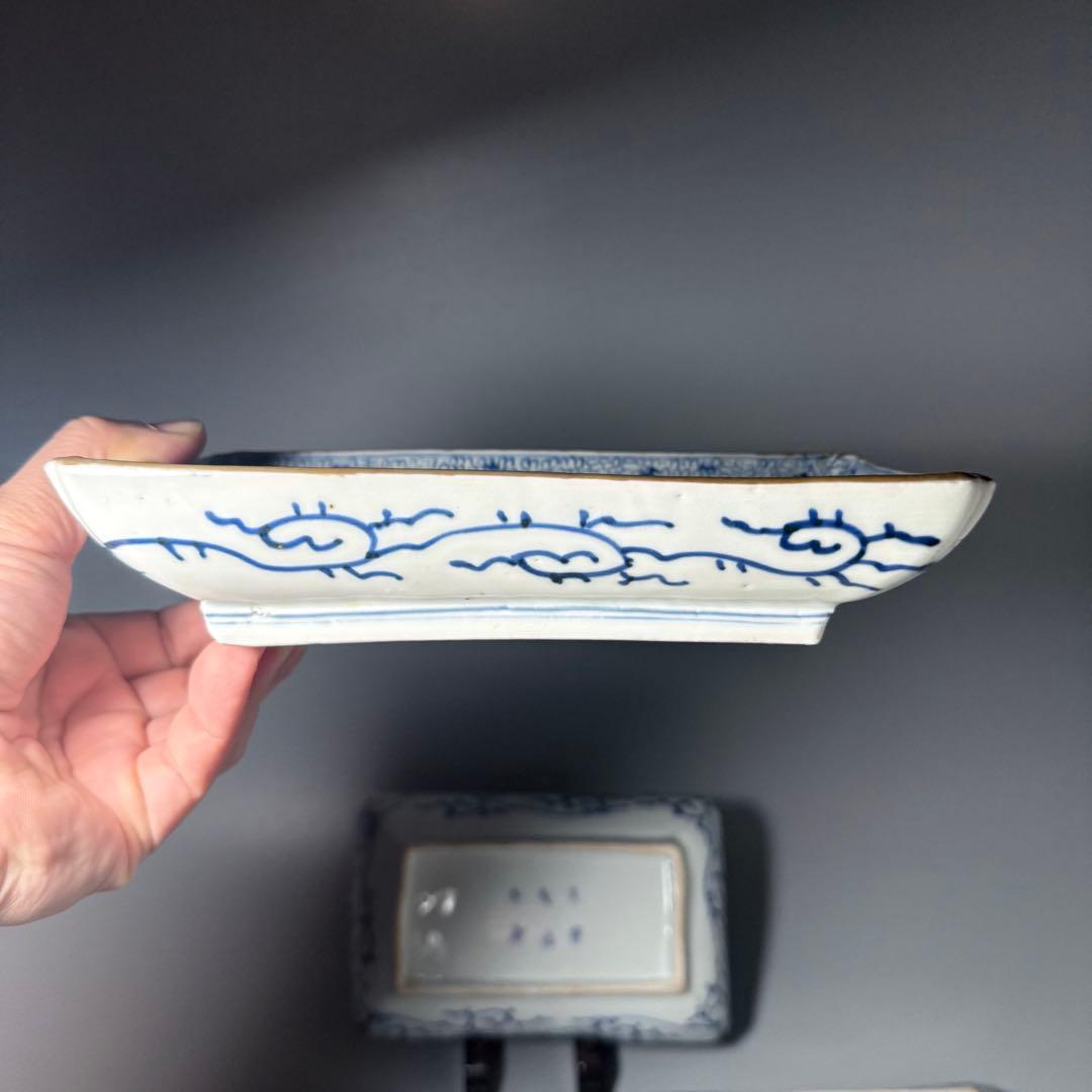 幕末〜明治期　染付微塵唐草文長皿　五枚　太明成化年製　状態◎　古陶を楽しむ